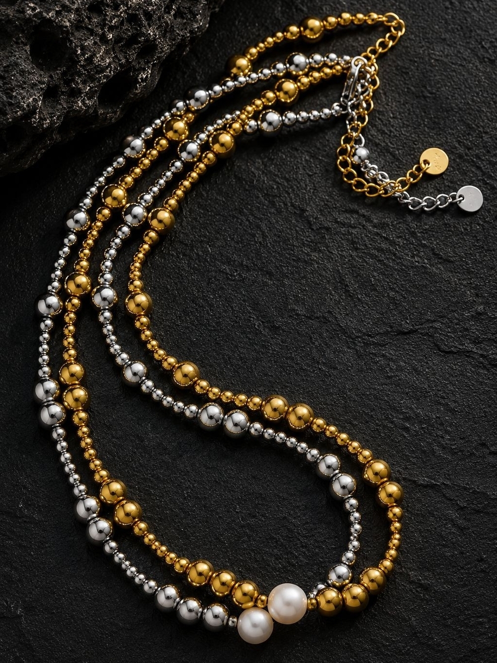 Silver color Beaded Necklace with Pearl Accent - Picture 2 of 8